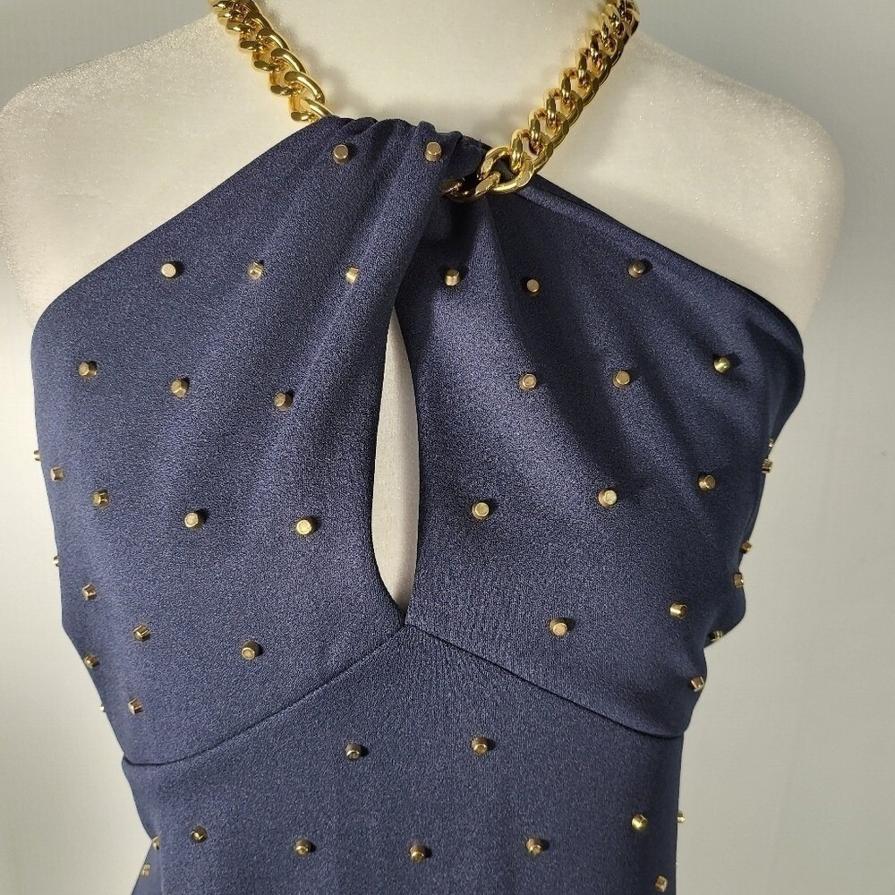 Michael Kors Navy Blue Studded Chain Halter Mini Dress Gold Hardware Large - Picture 1 of 9